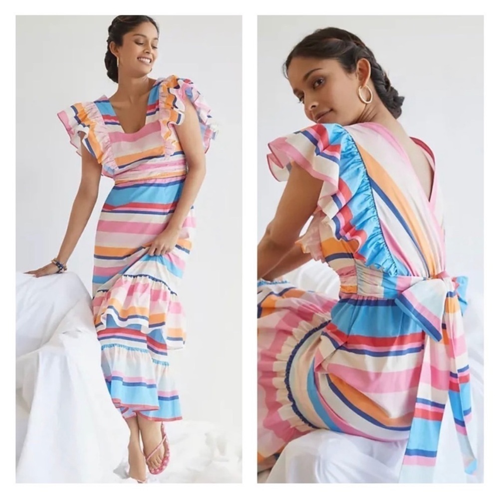 PLENTY BY TRACY REESE Anthropologie Rainbow Striped Ruffle Midi Maxi Dress XS